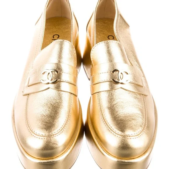 CHANEL Gold Flats Luxurious Metallic Loafers